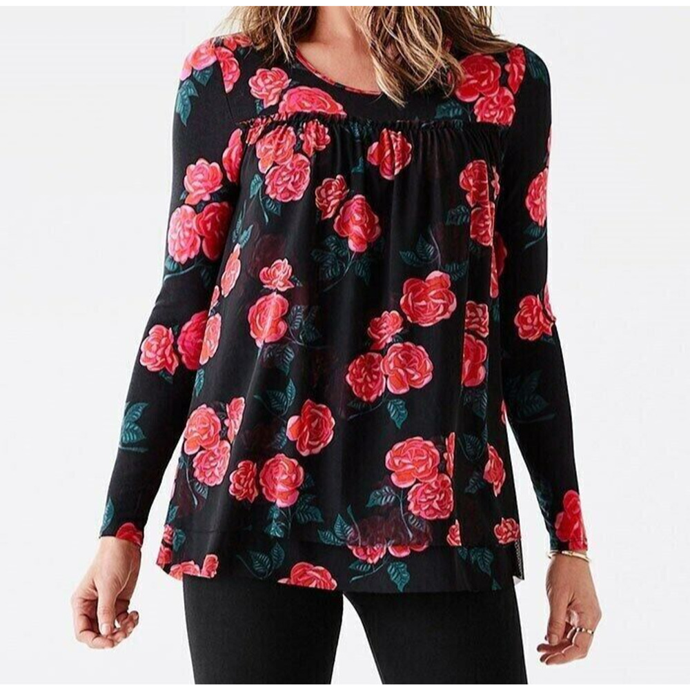 Matilda Jane Winter Bloom Rose Print Tunic Top Size M Dark Floral Mesh